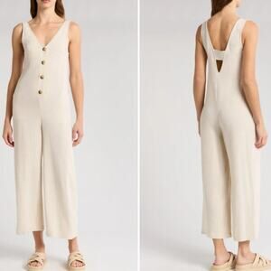 TopShop Button-Up Wide Leg Cotton Jumpsuit Beachy Lounge Picnic Casual - Size S